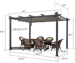 PURPLE LEAF 10' X 13' Outdoor Retractable Pergola with Sun Shade Canopy Patio Metal Shelter for Garden Porch Beach Pavilion Grill Gazebo Modern Yard Grape Trellis Pergola, Grey